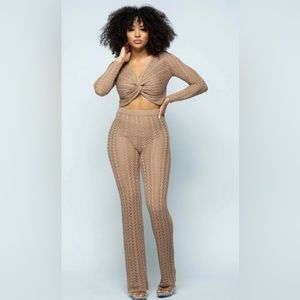 NWT Long sleeve mocha knit pants set and twist tie top.